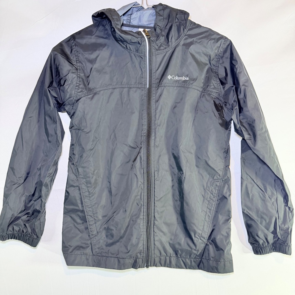 Columbia Kids Windbreaker Jacket Hooded Full Zip Black Gray Size Medium 10/12